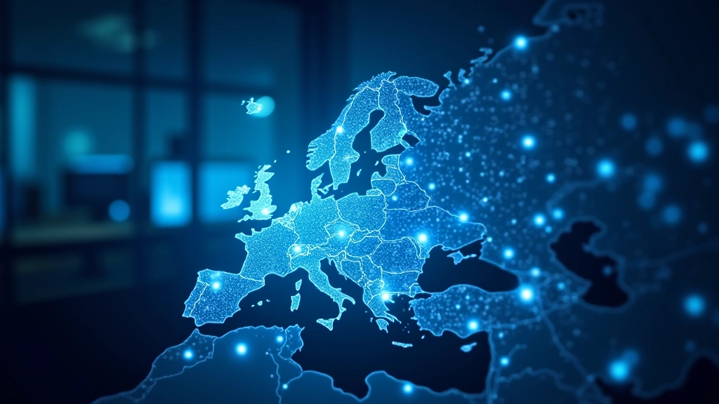 Carte européenne affichée sur écran numérique avec points de connexion réseau illuminés et liens entre pays