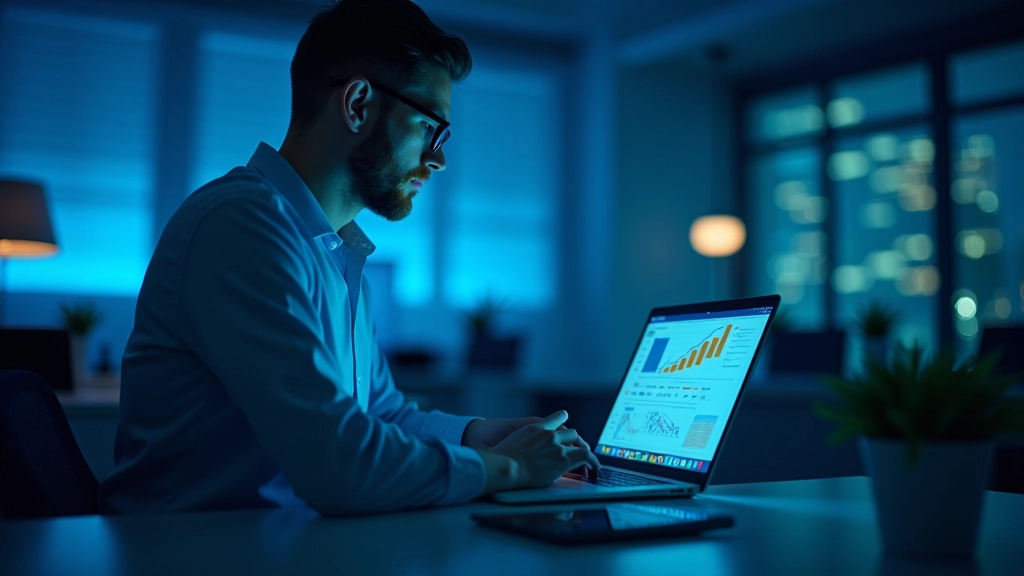 Homme travaillant sur ordinateur portable au bureau avec graphiques d'analyse sur l'écran