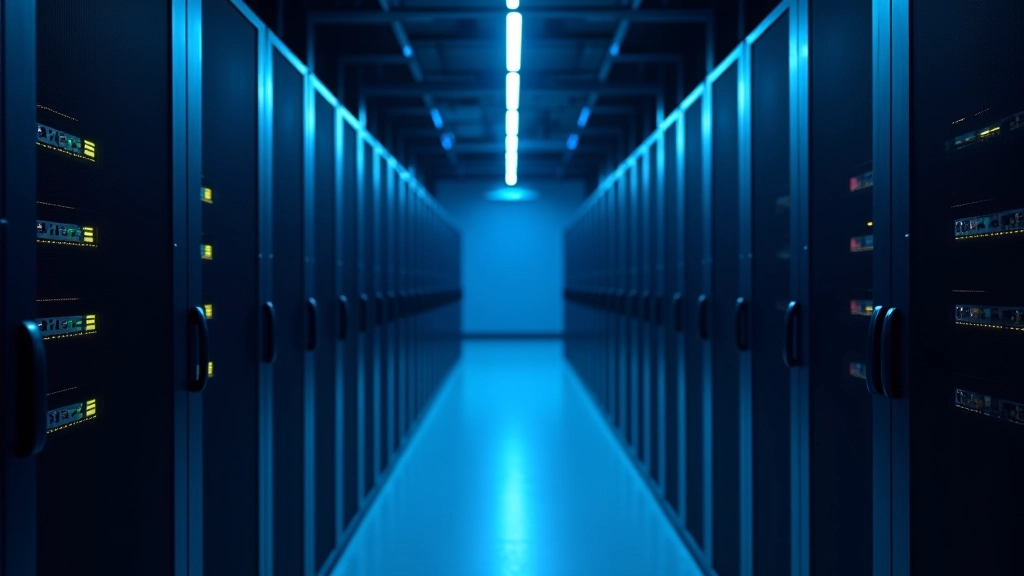 Centre de données moderne avec équipements numériques et serveurs illuminés représentant l'infrastructure numérique européenne