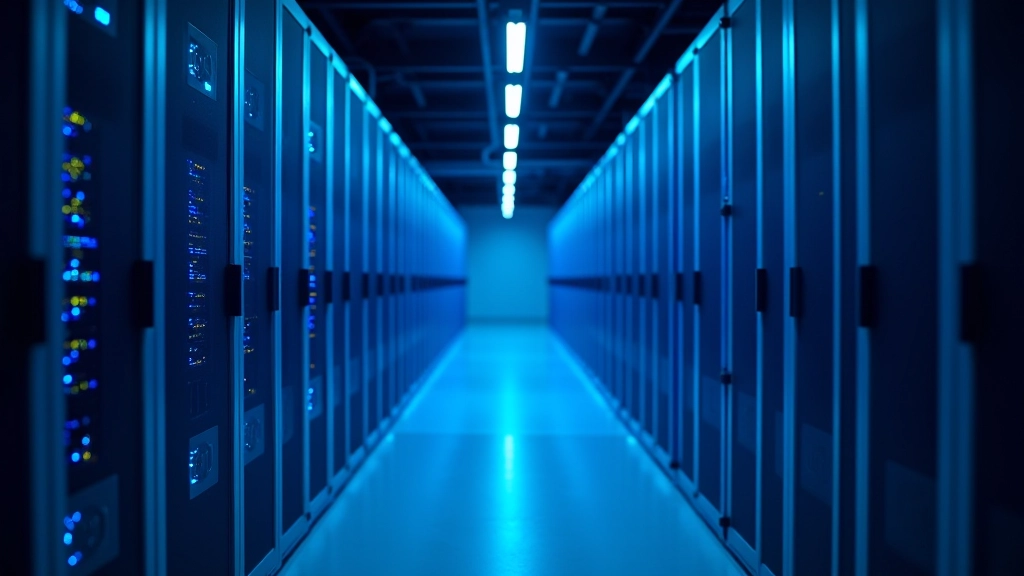 Vue panoramique d'une infrastructure technologique moderne avec serveurs et connexions numériques illuminées représentant l'économie numérique européenne