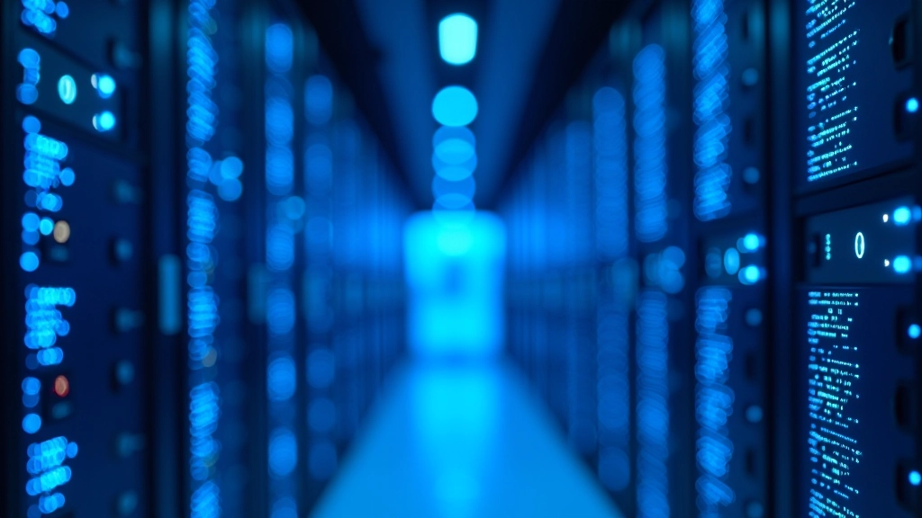 Infrastructure technologique avec serveurs et connexions réseau numériques illuminées