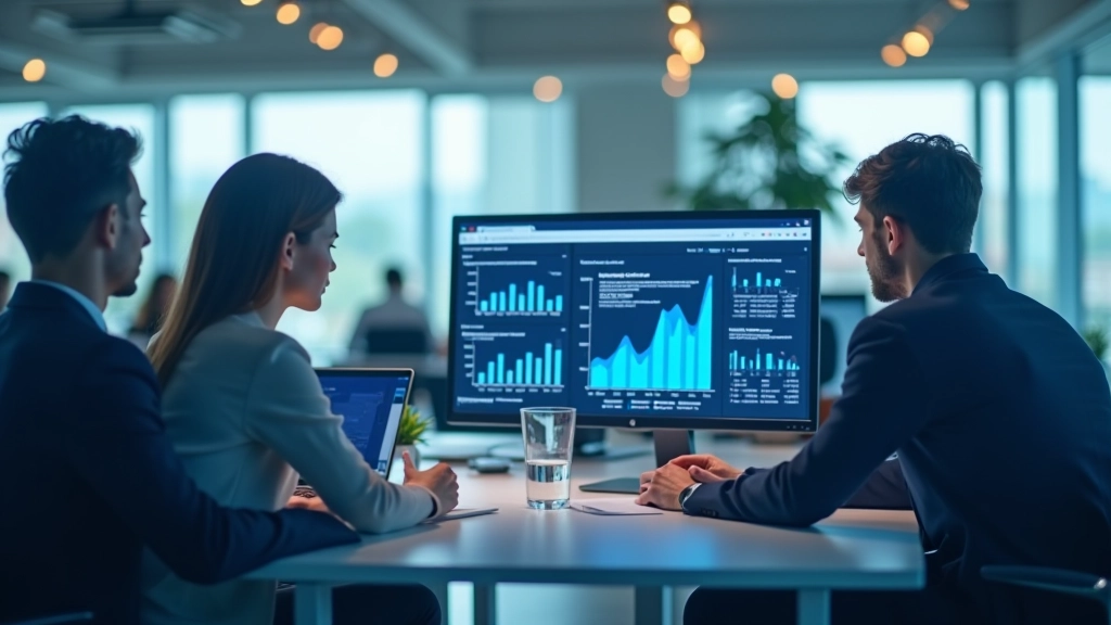 Environnement de travail numérique moderne avec équipe collaborant sur des projets de données et d'économie numérique