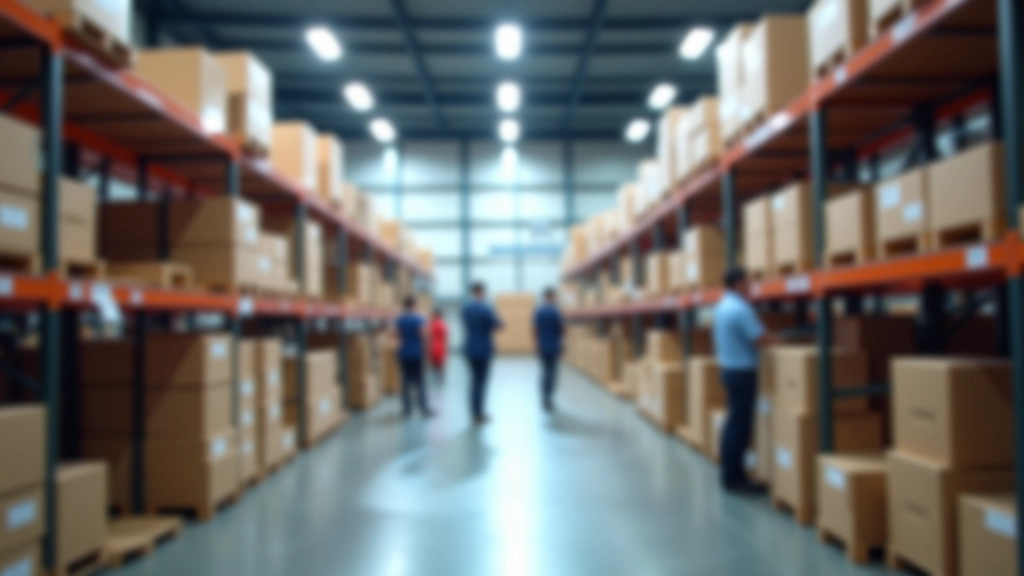 Centre de distribution moderne avec des étagères remplies de colis, convoyeurs et personnel travaillant avec technologie de suivi en temps réel