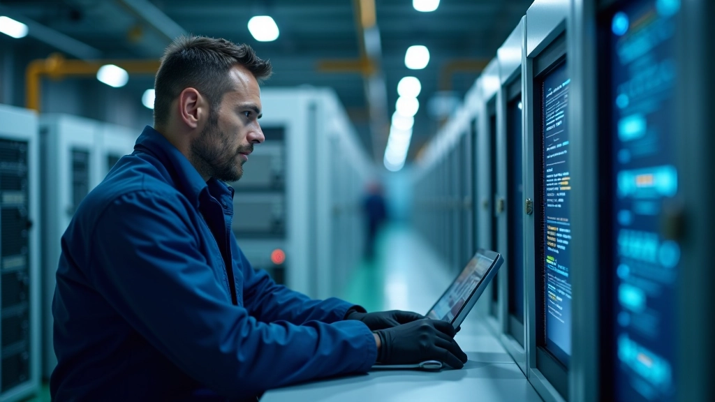 Technician travaillant sur équipement réseau 5G dans station de télécommunications, tableau de contrôle illuminé