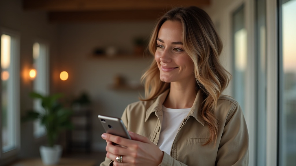 Femme utilisant son smartphone pour effectuer un achat en ligne, écran montrant une interface mobile de boutique avec panier rempli de produits