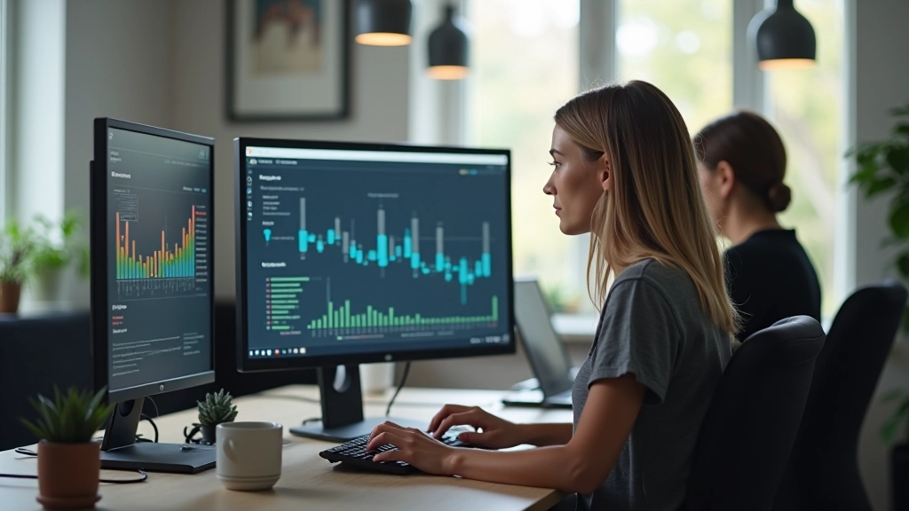 Femme travaillant à distance depuis un espace moderne avec plusieurs écrans et équipement professionnel